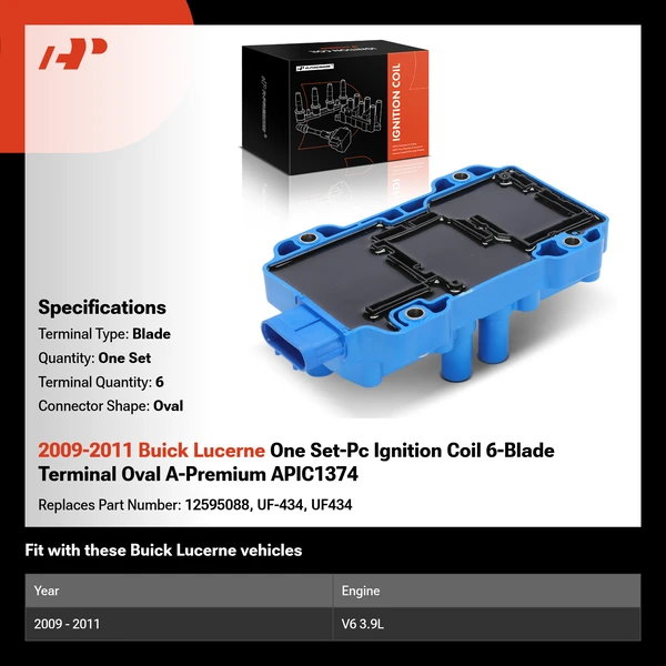 2009-2011 Buick Lucerne One Set-Pc Ignition Coil 6-Blade Terminal Oval A-Premium APIC1374
