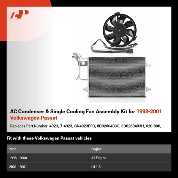 AC Condenser & Single Cooling Fan Assembly Kit for 1998-2001 Volkswagen Passat