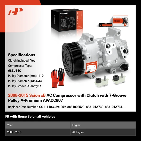 2008-2015 Scion xB AC Compressor with Clutch with 7-Groove Pulley A-Premium APACC807
