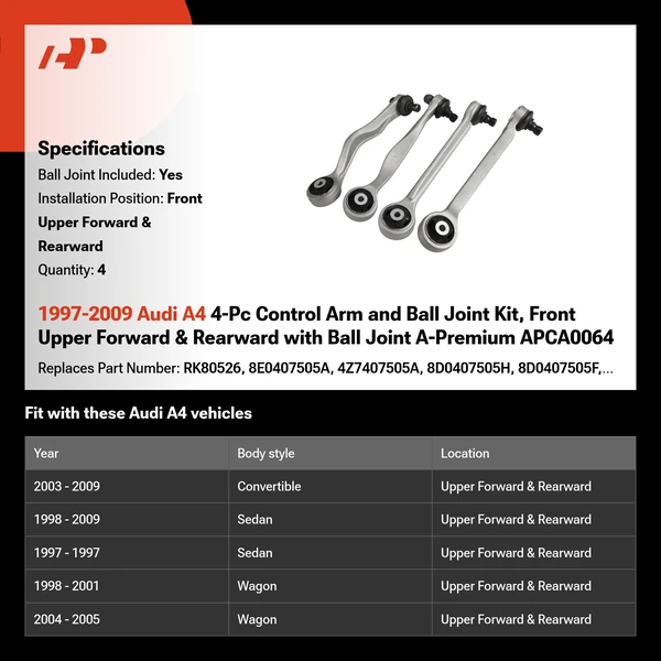 1997-2009 Audi A4 4-Pc Control Arm and Ball Joint Kit, Front Upper Forward & Rearward with Ball Joint A-Premium APCA0064