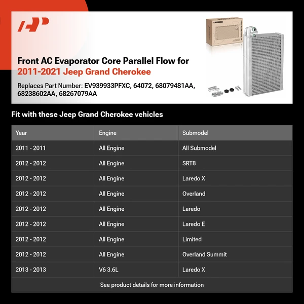 Front AC Evaporator Core Parallel Flow for 2011-2021 Jeep Grand Cherokee