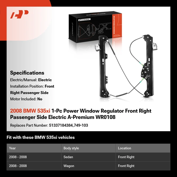2008 BMW 535xi 1-Pc Power Window Regulator Front Right Passenger Side Electric A-Premium WR0108