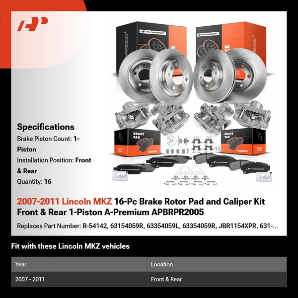 2007-2011 Lincoln MKZ 16-Pc Brake Rotor Pad and Caliper Kit Front & Rear 1-Piston A-Premium APBRPR2005