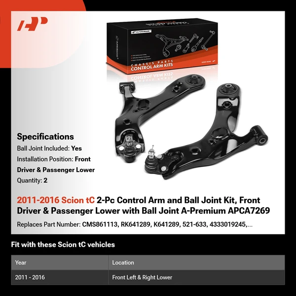 2011-2016 Scion tC 2-Pc Control Arm and Ball Joint Kit, Front Driver & Passenger Lower with Ball Joint A-Premium APCA7269