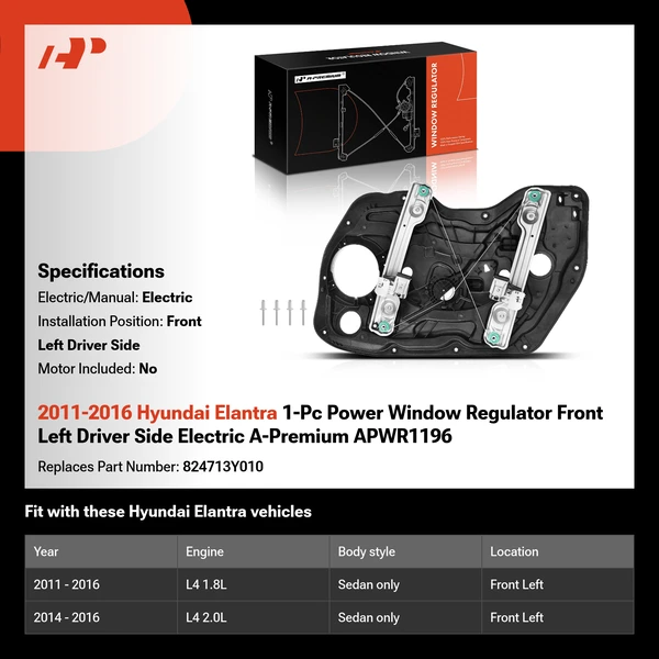 2011-2016 Hyundai Elantra 1-Pc Power Window Regulator Front Left Driver Side Electric A-Premium APWR1196
