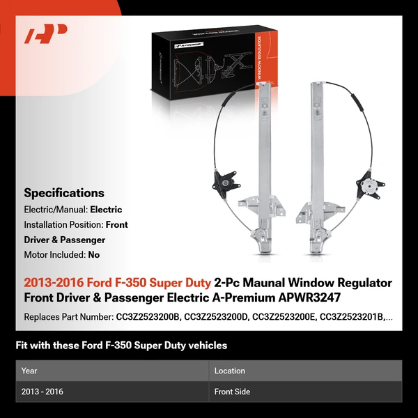 2013-2016 Ford F-350 Super Duty 2-Pc Maunal Window Regulator Front Driver & Passenger Electric A-Premium APWR3247