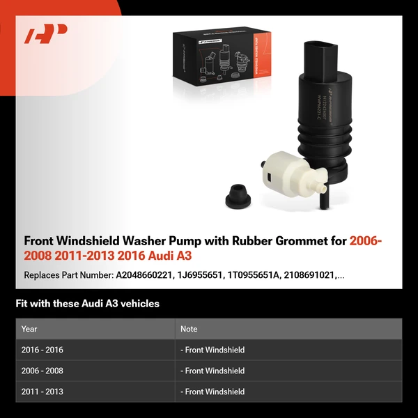 Front Windshield Washer Pump with Rubber Grommet for 2006-2008 2011-2013 2016 Audi A3