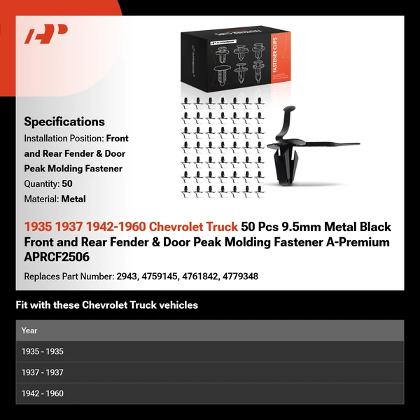 1935 1937 1942-1960 Chevrolet Truck 50 Pcs 9.5mm Metal Black Front and Rear Fender & Door Peak Molding Fastener A-Premium APRCF2506