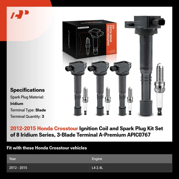 2012-2015 Honda Crosstour Ignition Coil and Spark Plug Kit Set of 8 Iridium Series, 3-Blade Terminal A-Premium APIC0767