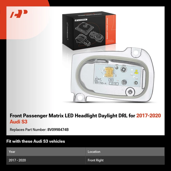 Front Passenger Matrix LED Headlight Daylight DRL for 2017-2020 Audi S3