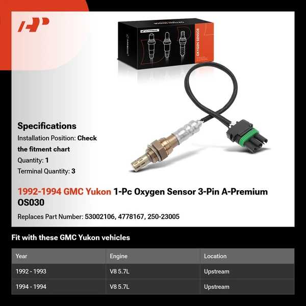 1992-1994 GMC Yukon 1-Pc Oxygen Sensor 3-Pin A-Premium OS030