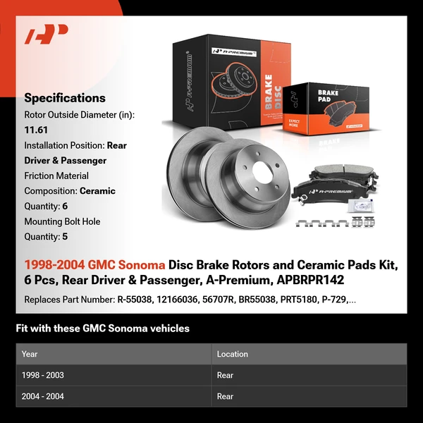 1998-2004 GMC Sonoma Disc Brake Rotors and Ceramic Pads Kit, 6 Pcs, Rear Driver & Passenger, A-Premium, APBRPR142