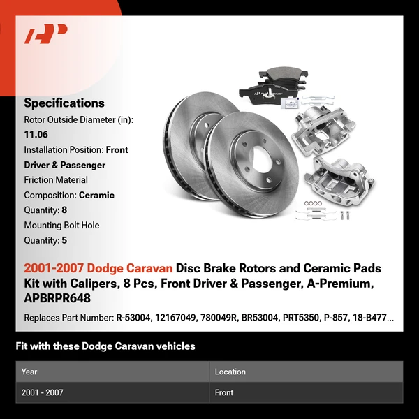 2001-2007 Dodge Caravan Disc Brake Rotors and Ceramic Pads Kit with Calipers, 8 Pcs, Front Driver & Passenger, A-Premium, APBRPR648