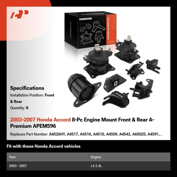 2003-2007 Honda Accord 8-Pc Engine Mount Front & Rear A-Premium APEM596