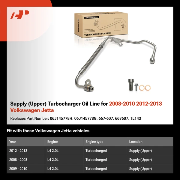 Supply (Upper) Turbocharger Oil Line for 2008-2010 2012-2013 Volkswagen Jetta