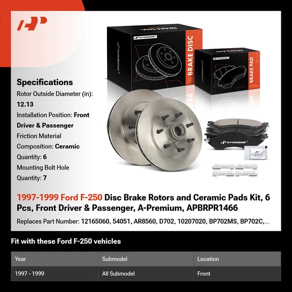1997-1999 Ford F-250 Disc Brake Rotors and Ceramic Pads Kit, 6 Pcs, Front Driver & Passenger, A-Premium, APBRPR1466
