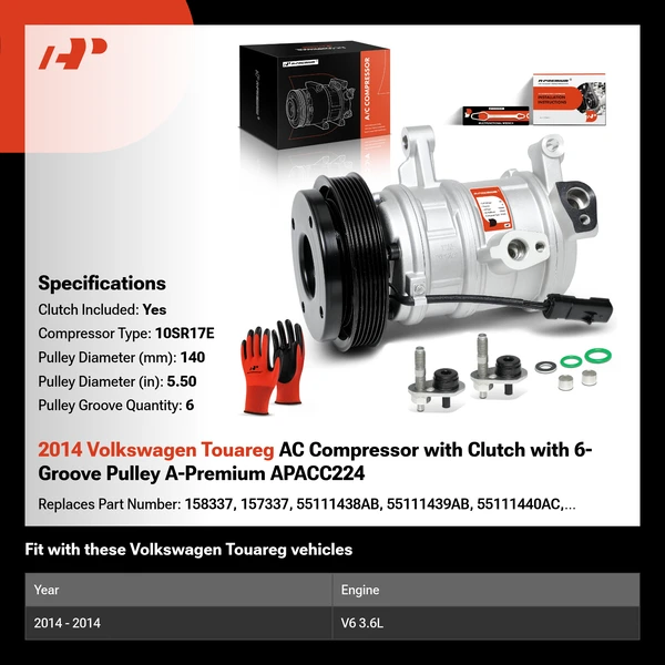 2014 Volkswagen Touareg AC Compressor with Clutch with 6-Groove Pulley A-Premium APACC224
