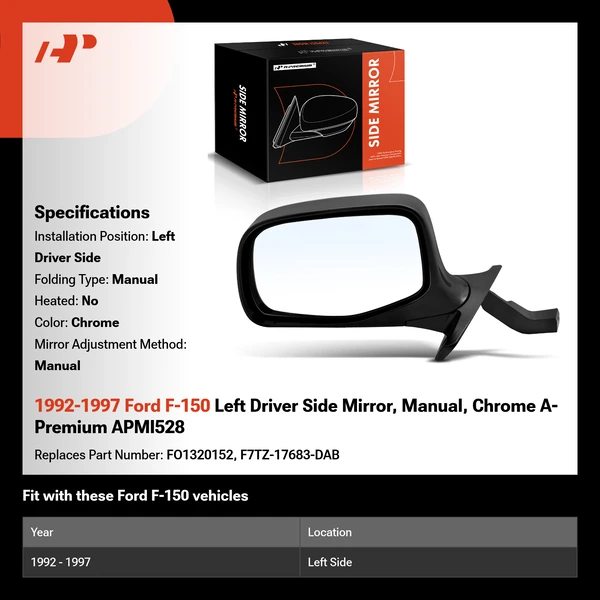 1992-1997 Ford F-150 Left Driver Side Mirror, Manual, Chrome A-Premium APMI528