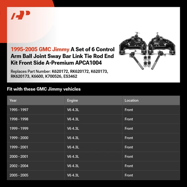 1995-2005 GMC Jimmy A Set of 6 Control Arm Ball Joint Sway Bar Link Tie Rod End Kit Front Side A-Premium APCA1004
