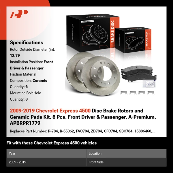 2009-2019 Chevrolet Express 4500 Disc Brake Rotors and Ceramic Pads Kit, 6 Pcs, Front Driver & Passenger, A-Premium, APBRPR1779