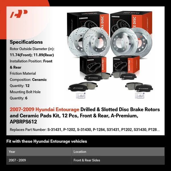 2007-2009 Hyundai Entourage Drilled & Slotted Disc Brake Rotors and Ceramic Pads Kit, 12 Pcs, Front & Rear, A-Premium, APBRPS612