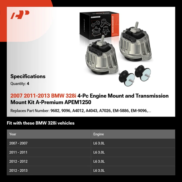 2007 2011-2013 BMW 328i 4-Pc Engine Mount and Transmission Mount Kit A-Premium APEM1250
