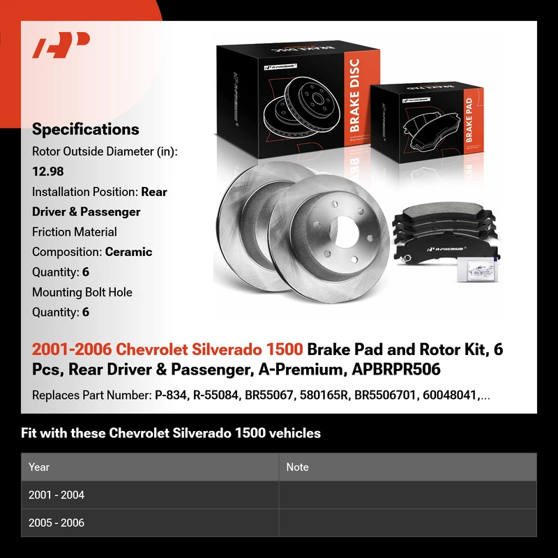 2001-2006 Chevrolet Silverado 1500 Brake Pad and Rotor Kit, 6 Pcs, Rear Driver & Passenger, A-Premium, APBRPR506
