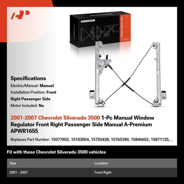 2001-2007 Chevrolet Silverado 3500 1-Pc Manual Window Regulator Front Right Passenger Side Manual A-Premium APWR1655