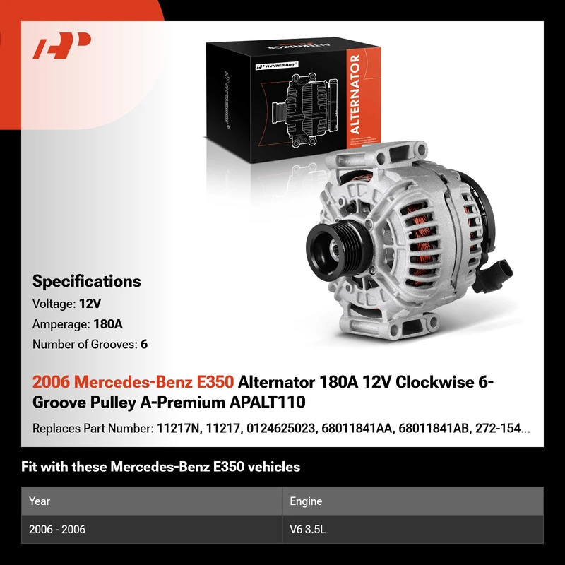2006 Mercedes-Benz E350 Alternator 180A 12V Clockwise 6-Groove Pulley A-Premium APALT110