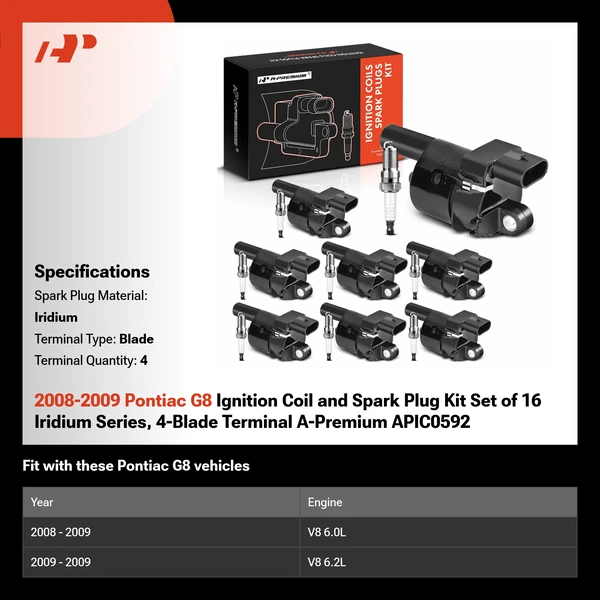 2008-2009 Pontiac G8 Ignition Coil and Spark Plug Kit Set of 16 Iridium Series, 4-Blade Terminal A-Premium APIC0592