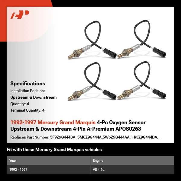 1992-1997 Mercury Grand Marquis 4-Pc Oxygen Sensor Upstream & Downstream 4-Pin A-Premium APOS0263
