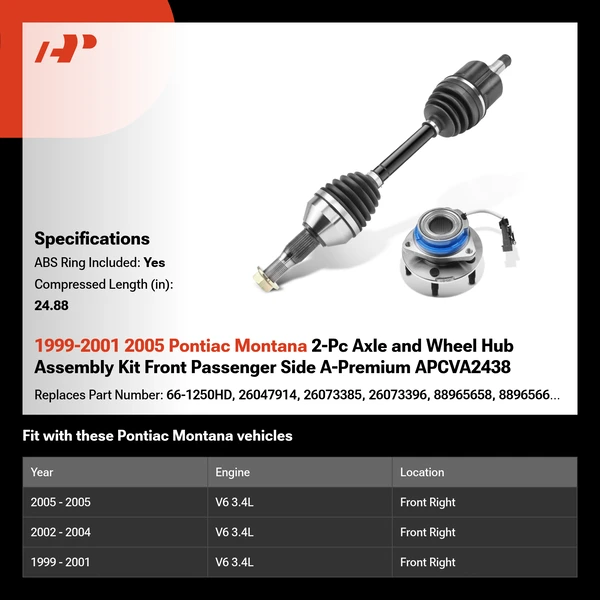 1999-2001 2005 Pontiac Montana 2-Pc Axle and Wheel Hub Assembly Kit Front Passenger Side A-Premium APCVA2438