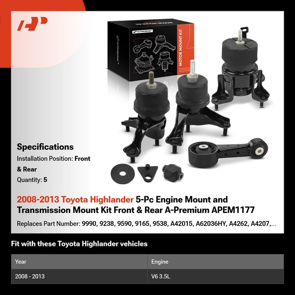 2008-2013 Toyota Highlander 5-Pc Engine Mount and Transmission Mount Kit Front & Rear A-Premium APEM1177
