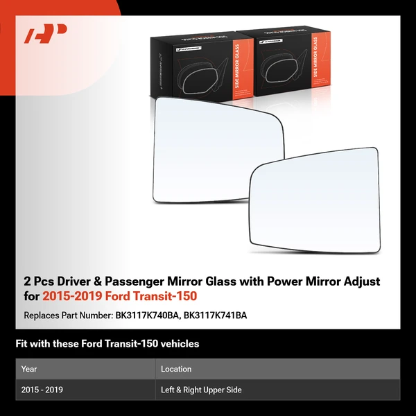 2 Pcs Driver & Passenger Mirror Glass with Power Mirror Adjust for 2015-2019 Ford Transit-150