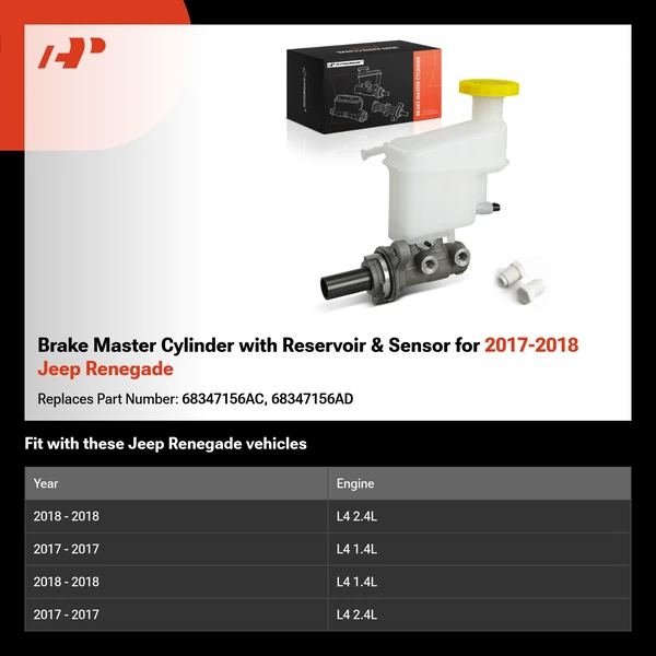 Brake Master Cylinder with Reservoir & Sensor for 2017-2018 Jeep Renegade