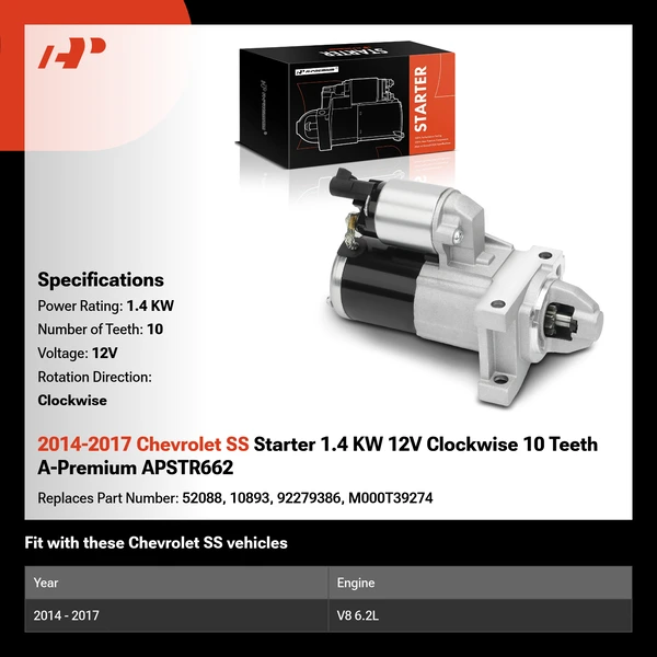 2014-2017 Chevrolet SS Starter 1.4 KW 12V Clockwise 10 Teeth A-Premium APSTR662