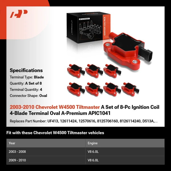 2003-2010 Chevrolet W4500 Tiltmaster A Set of 8-Pc Ignition Coil 4-Blade Terminal Oval A-Premium APIC1041