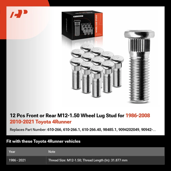 12 Pcs Front or Rear M12-1.50 Wheel Lug Stud for 1986-2008 2010-2021 Toyota 4Runner