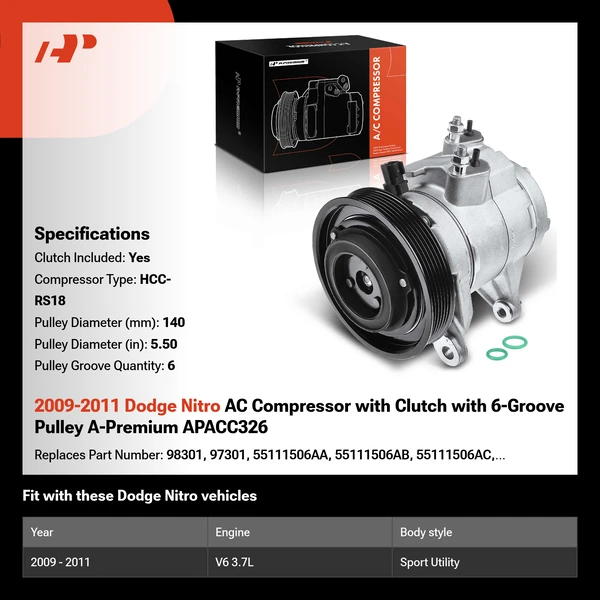 2009-2011 Dodge Nitro AC Compressor with Clutch with 6-Groove Pulley A-Premium APACC326