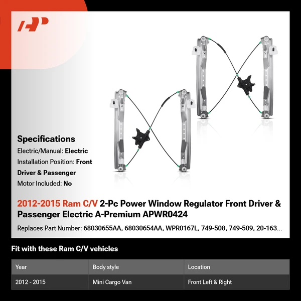 2012-2015 Ram C/V 2-Pc Power Window Regulator Front Driver & Passenger Electric A-Premium APWR0424