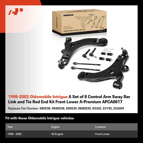 1998-2002 Oldsmobile Intrigue A Set of 8 Control Arm Sway Bar Link and Tie Rod End Kit Front Lower A-Premium APCA0617