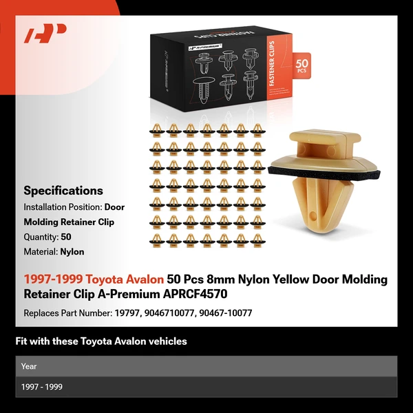 1997-1999 Toyota Avalon 50 Pcs 8mm Nylon Yellow Door Molding Retainer Clip A-Premium APRCF4570