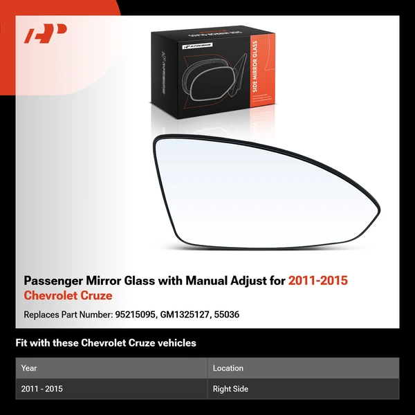 Passenger Mirror Glass with Manual Adjust for 2011-2015 Chevrolet Cruze