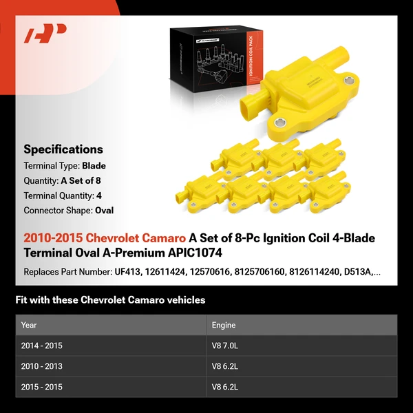 2010-2015 Chevrolet Camaro A Set of 8-Pc Ignition Coil 4-Blade Terminal Oval A-Premium APIC1074