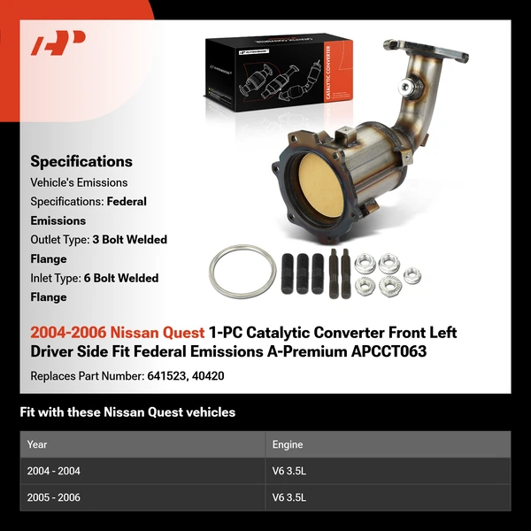 2004-2006 Nissan Quest 1-PC Catalytic Converter Front Left Driver Side Fit Federal Emissions A-Premium APCCT063