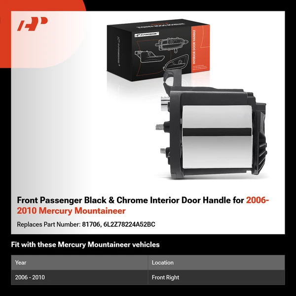 Front Passenger Black & Chrome Interior Door Handle for 2006-2010 Mercury Mountaineer