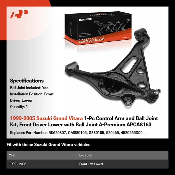 1999-2005 Suzuki Grand Vitara 1-Pc Control Arm and Ball Joint Kit, Front Driver Lower with Ball Joint A-Premium APCA8163
