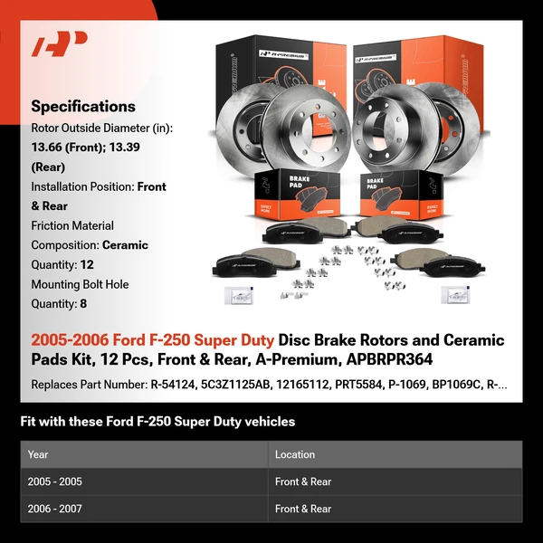 2005-2006 Ford F-250 Super Duty Disc Brake Rotors and Ceramic Pads Kit, 12 Pcs, Front & Rear, A-Premium, APBRPR364