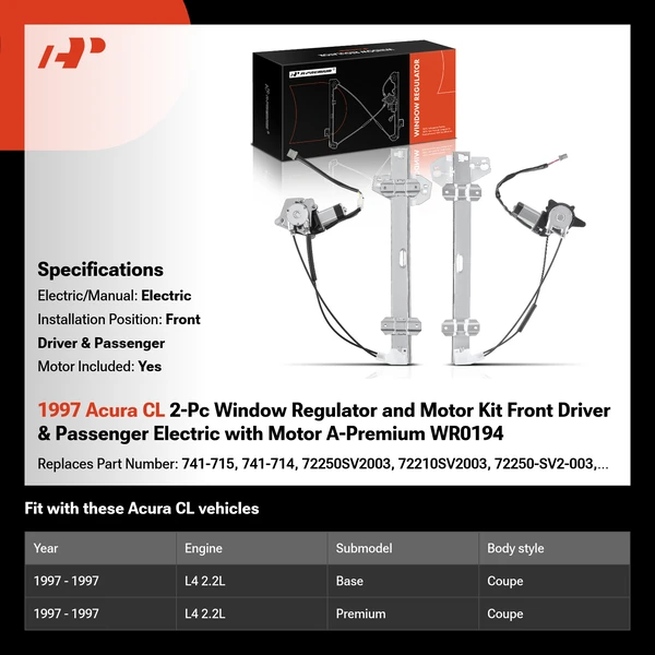 1997 Acura CL 2-Pc Window Regulator and Motor Kit Front Driver & Passenger Electric with Motor A-Premium WR0194