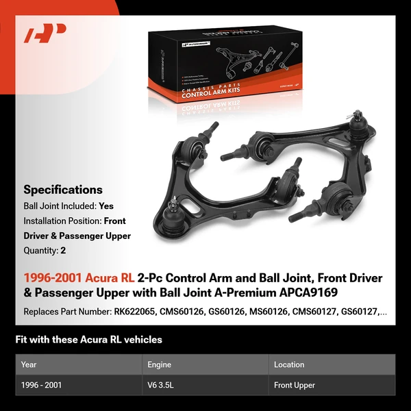 1996-2001 Acura RL 2-Pc Control Arm and Ball Joint, Front Driver & Passenger Upper with Ball Joint A-Premium APCA9169
